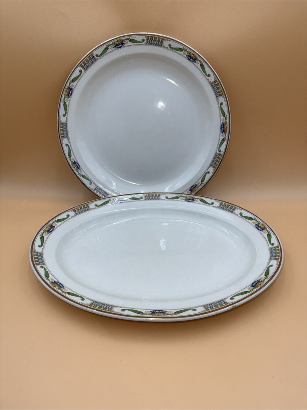 Antique 1891-1914 W.H. Grindley “antique Green” 2 Porcelain Pieces Green/Gold
